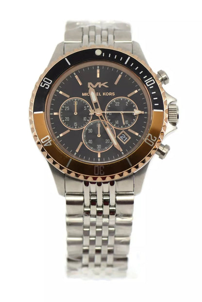 Michael Kors Men's Bayville 44x50mm watch features a black sunray dial with silver-tone stick indexes and numerals, chronograph movement and Steel bracelet.